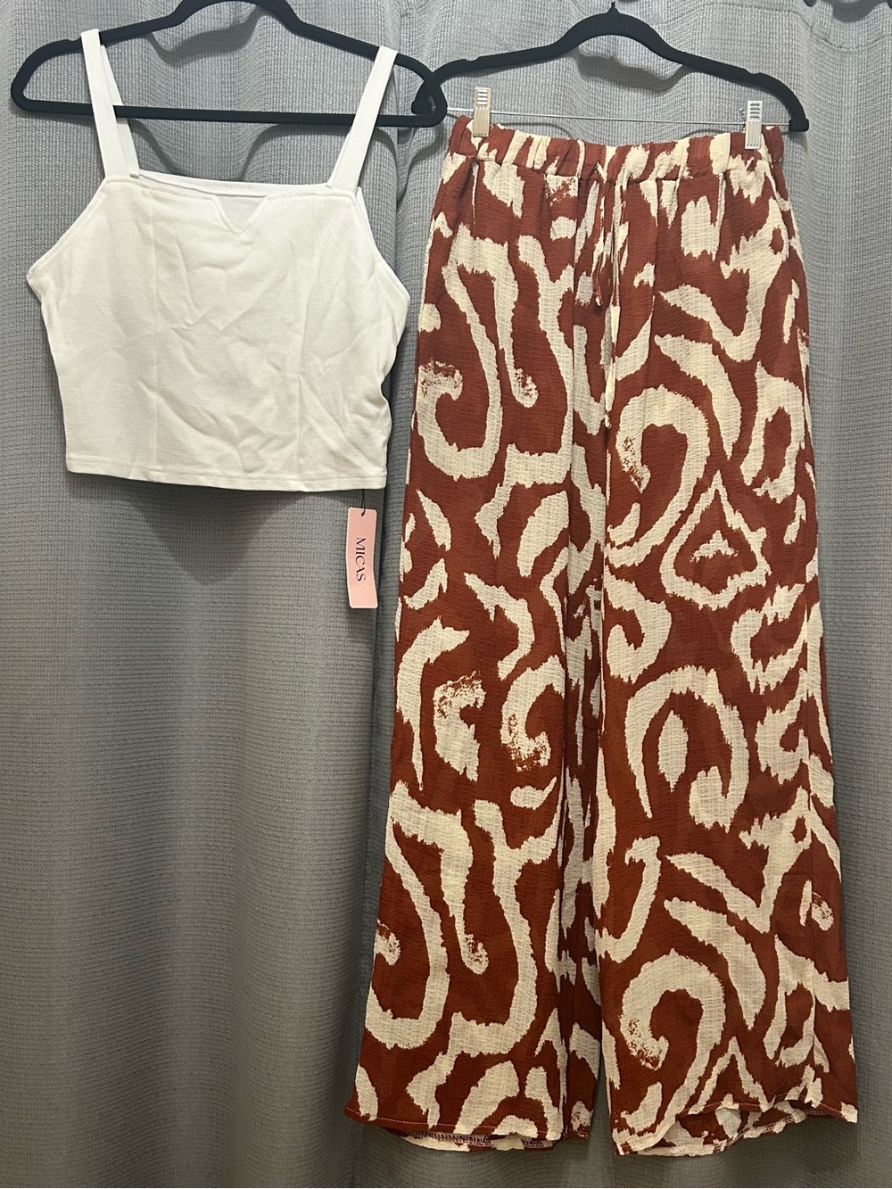 Micas Square Neck Crop Tank Top With High Rise Abstract Wide Leg Trousers Set